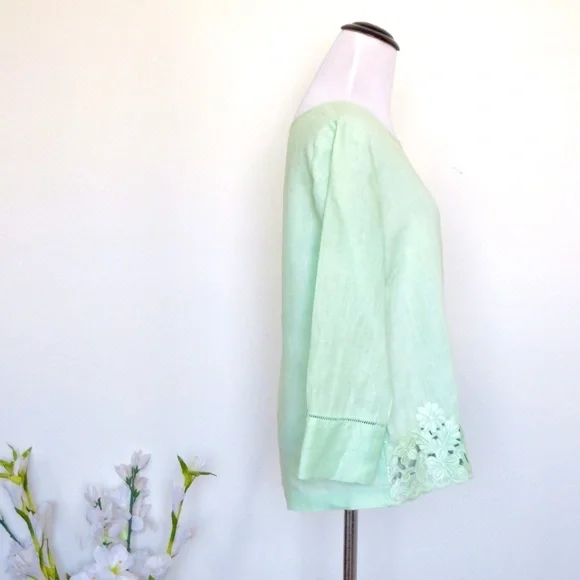 NEW! J. Crew Floral Embroidered 100% Linen Blouse Exposed Zipper Mint Green SZ 2 - Picture 5 of 8